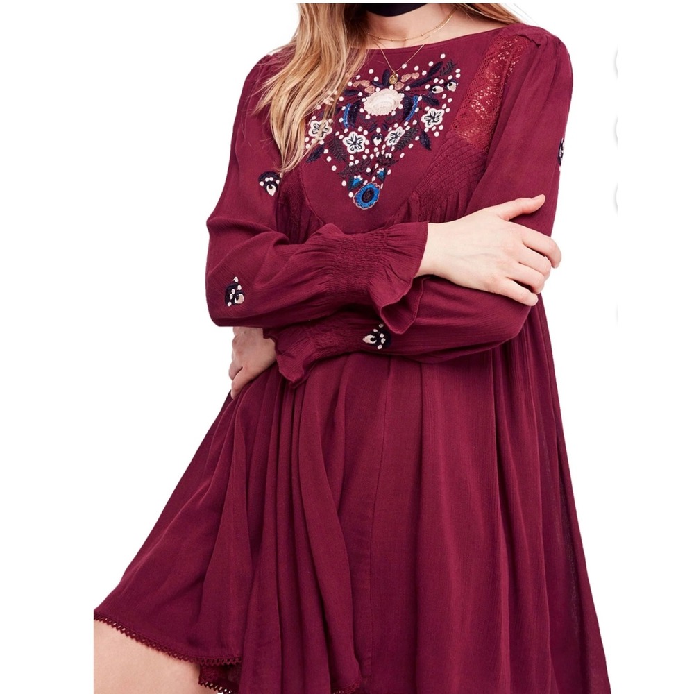 Free People Dress Long Sleeve Embroidered Open Back‎ Maroon Boho Mini